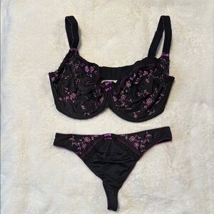 Freya Black and Purple Underwire Bra & Thong with Lace Detailing